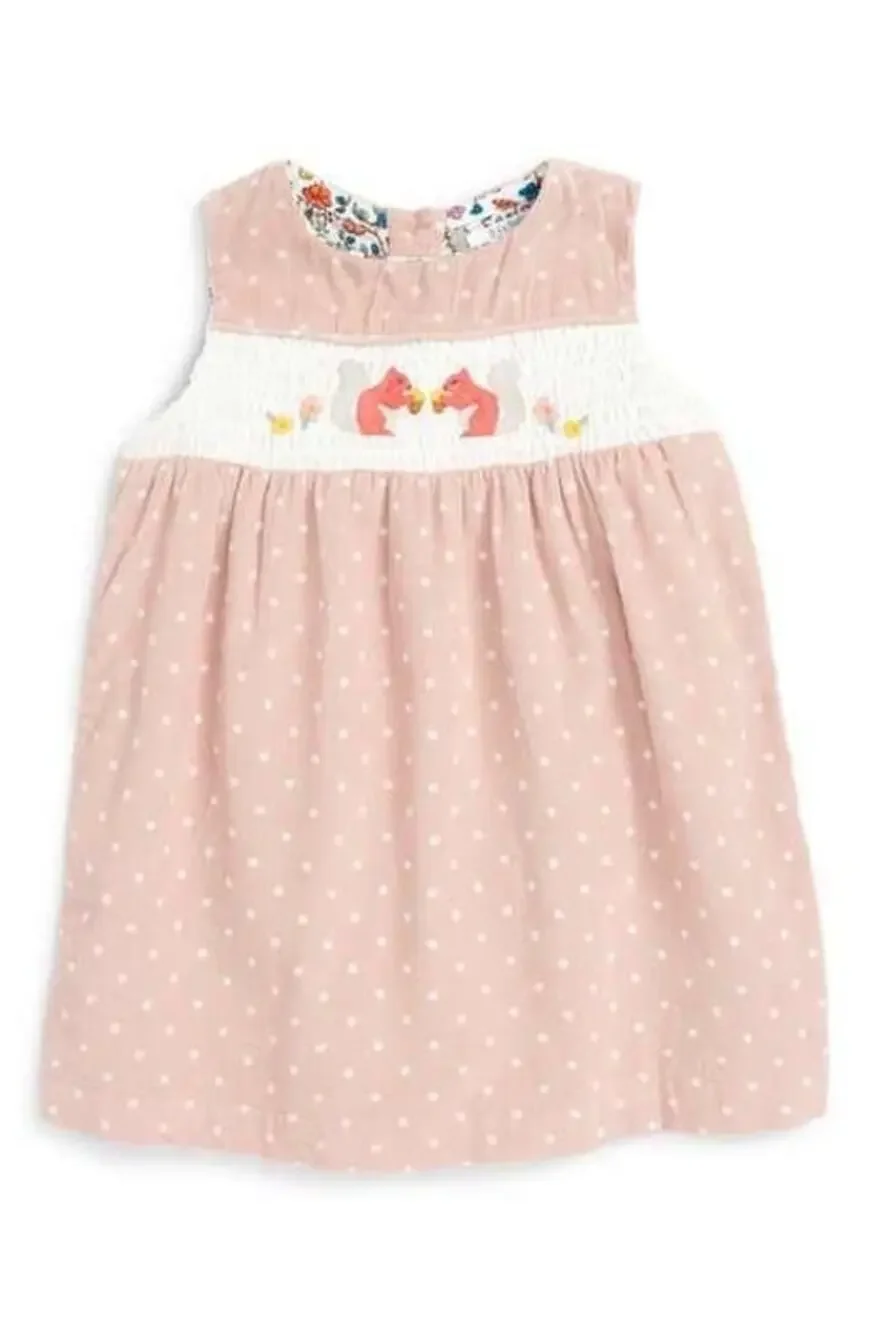 Baby Boden Pink Smocked Squirrel Corduroy Pinafore Dress 6-12M